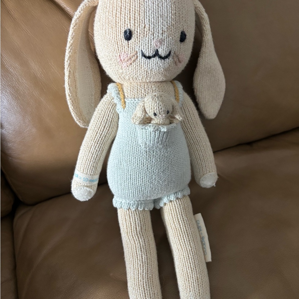 Small Charming Knit Bunny Stuffed Animal in Cream and Blue